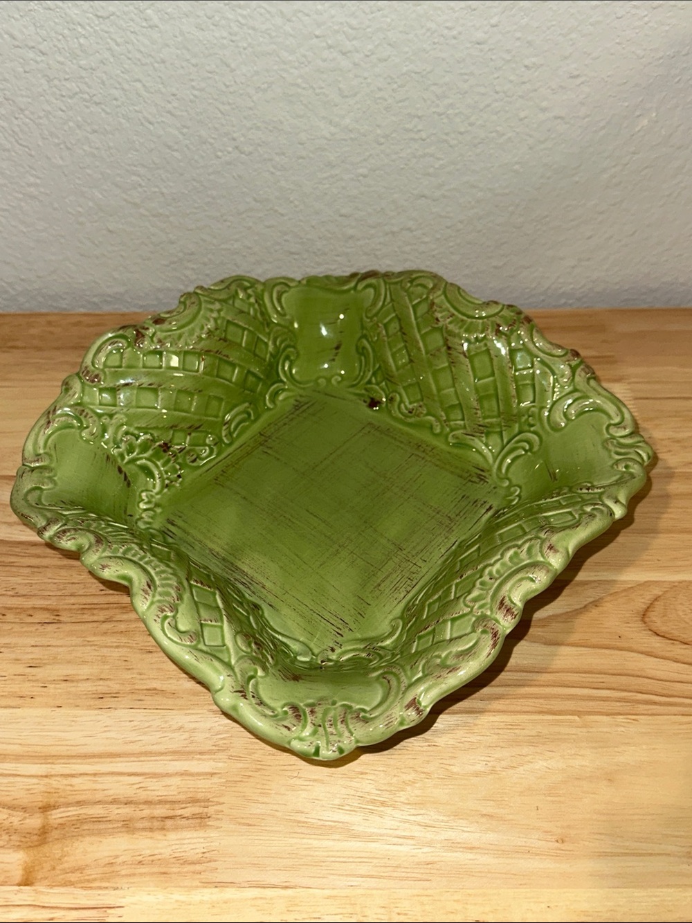 Vintage Intrada Italy Green Lattice Ceramic Square Decorative Bowl